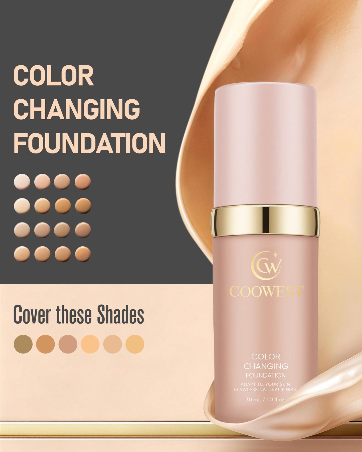 COOWEST Color Changing Foundation for Mature Skin, 4-in-1 Light to Medium Shade-Adapting Skin Tint, Lightweight Hydrating Coverage Liquid Foundation Makeup, Smooth & Blur Finish, 30ml