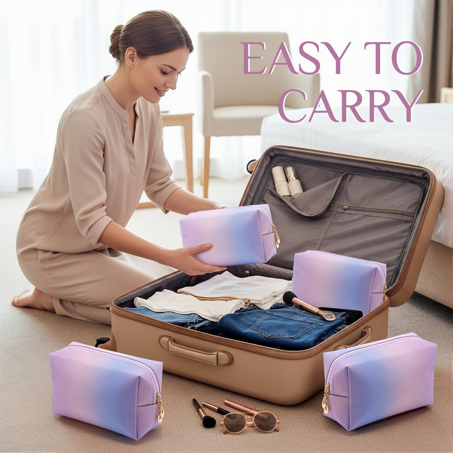 Sanwuta 9 Pcs Makeup Bags Bulk PU Double Zippers Cosmetic Bag Makeup Toiletry Small Pouch Portable Travel Organizers Case for Women Bridesmaid Proposal Gifts(Laser Purple)