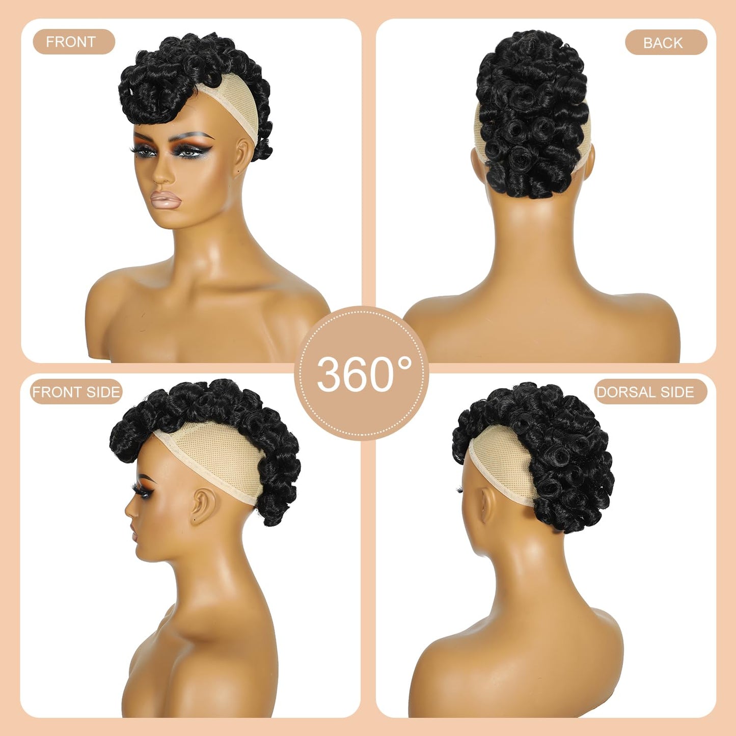 Mohawk Wig Curly Ponytail with Bangs,Short Kinky Curly Synthetic Clip on Mohawk Ponytail Extension Hair Pieces for Women with Six Clips and Two Combs Fluffy Natural Hair for Daily and Party Use 1B