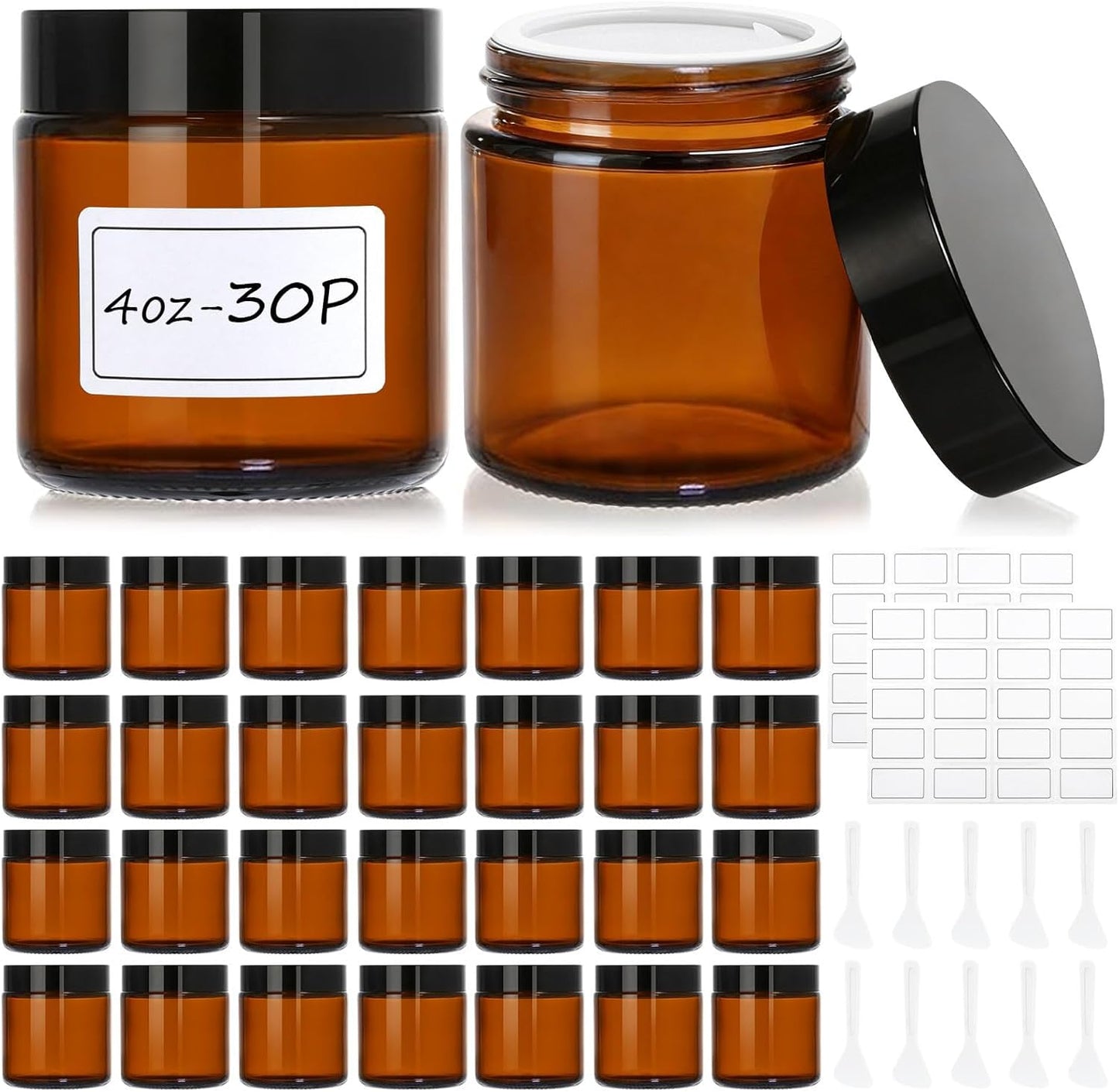 Amber Glass Jars - 30 Pcs 2 oz Leak-Proof Containers with Lids, Labels & Spatulas | Perfect for Essential Oils, Spices, DIY Projects