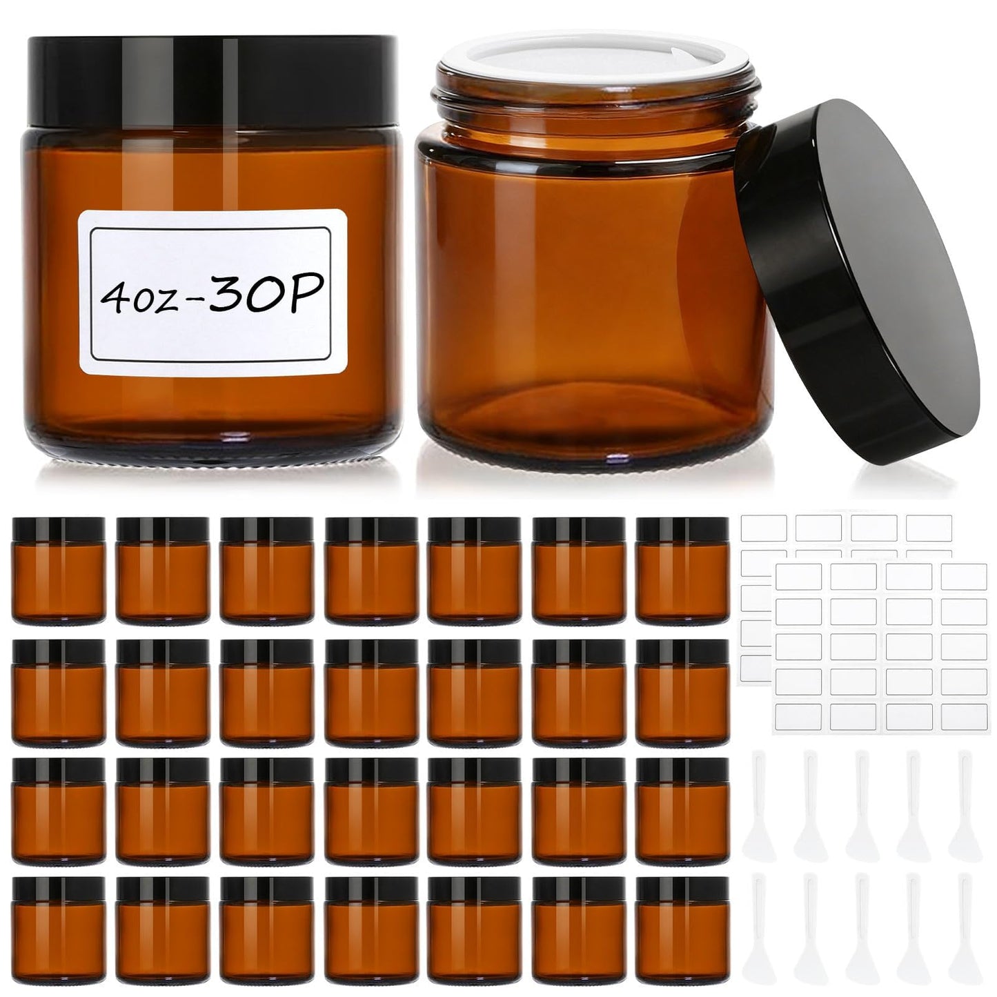 30 Pcs 4 oz Glass Jars with Lids, Amber Glass Jars with 40 Labels & 10 Spatulas, Inner Liners, LeakProof, UV-Protective,Round Glass Containers for Essential Oils, Spices, Candle Making,DIY