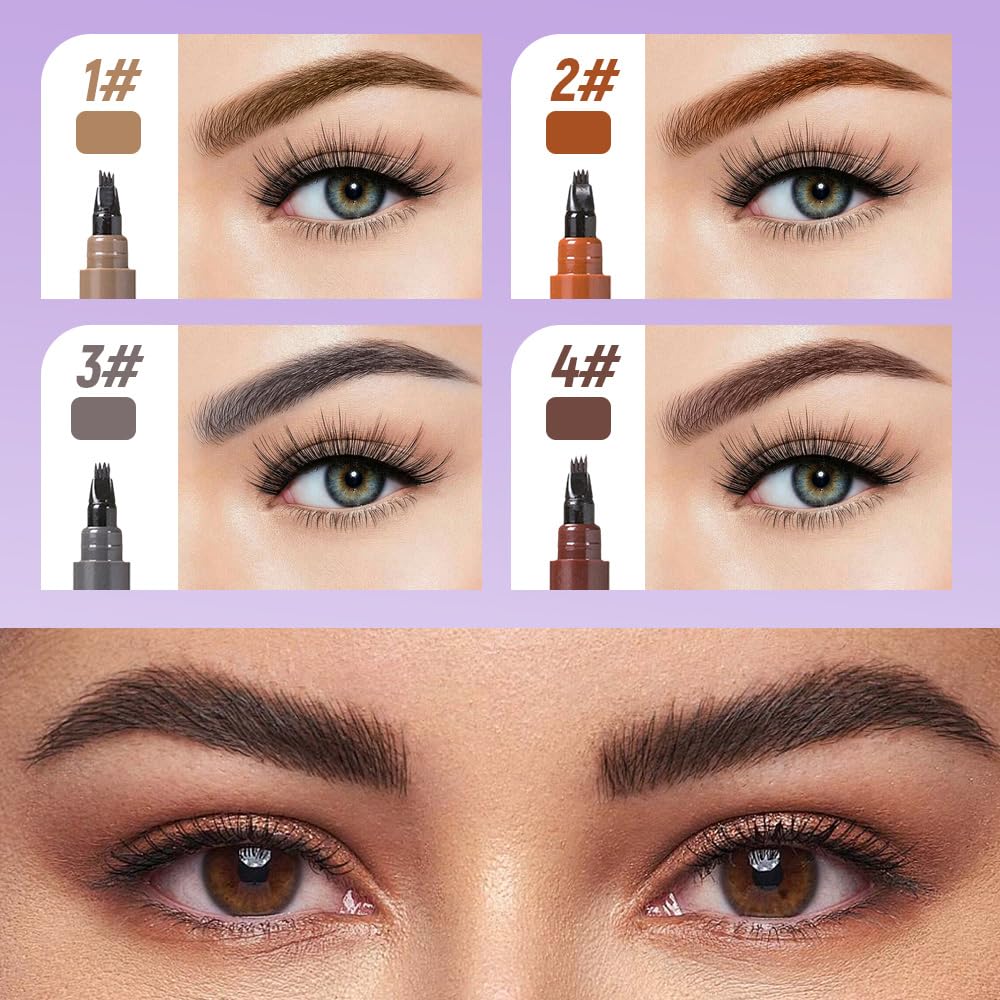 2PCS Microblading Eyebrow Pencils, 2026 Upgraded 4 Tipped 3D Waterproof Brow Pencil with Micro-Fork Tip Magic Eyebrow Contouring Pencil Brush for Women Natural Makeup (Light Brown)