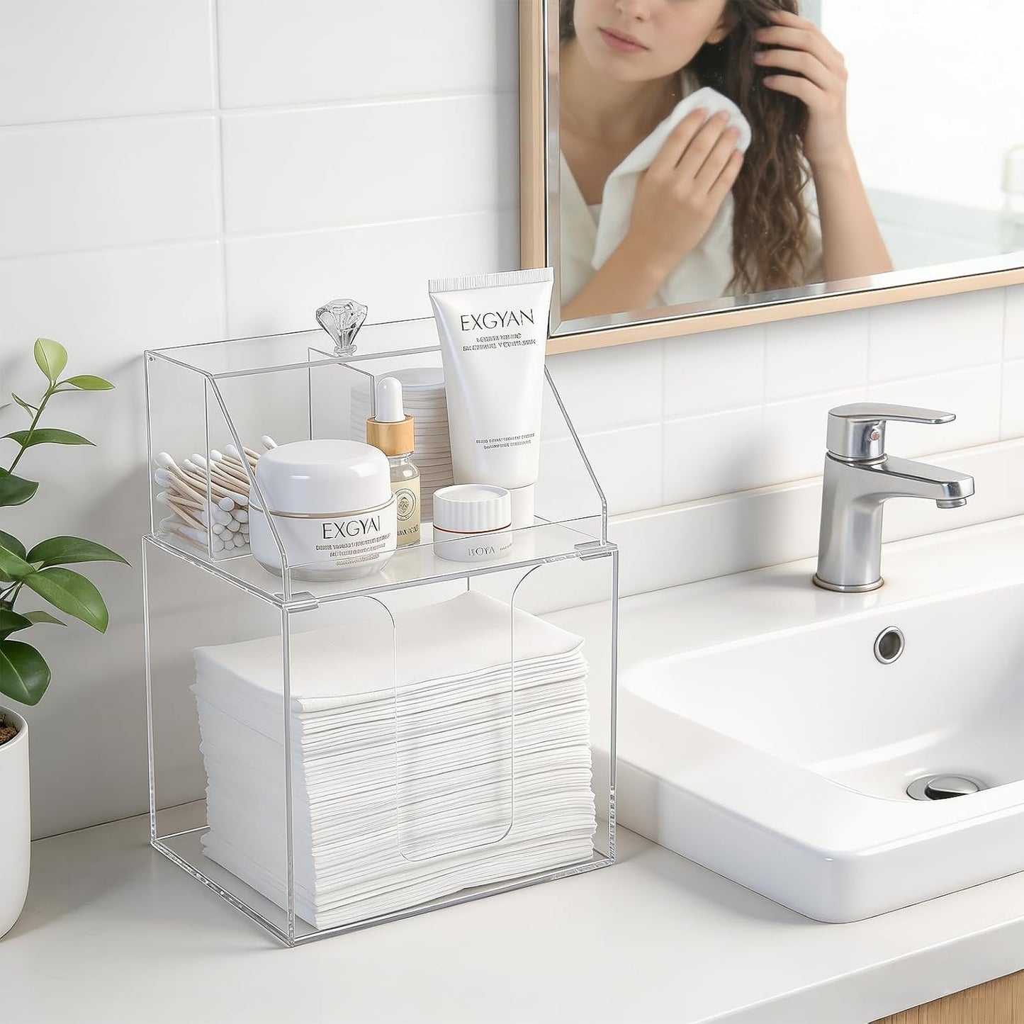 Disposable Facial Towels Storage - Double Layer Acrylic Box for Cotton Pads | Clear Bathroom Organizer
