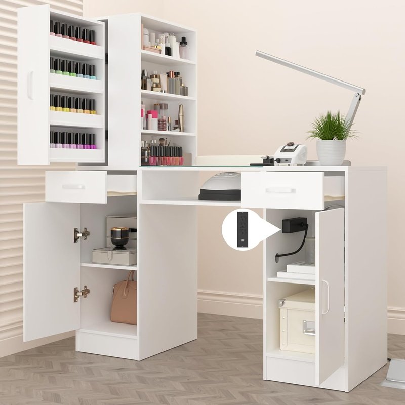 Manicure Table - Nail Desk Station with Glass Top & Wrist Rest | Storage Cabinets & Power Outlets (White)