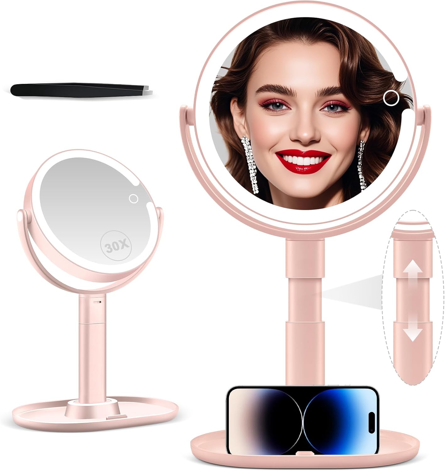 MIYADIVA 30X Magnifying Makeup Mirror with Lights - Adjustable Height, Dual-Sided, Phone Holder, 2000mAh Battery