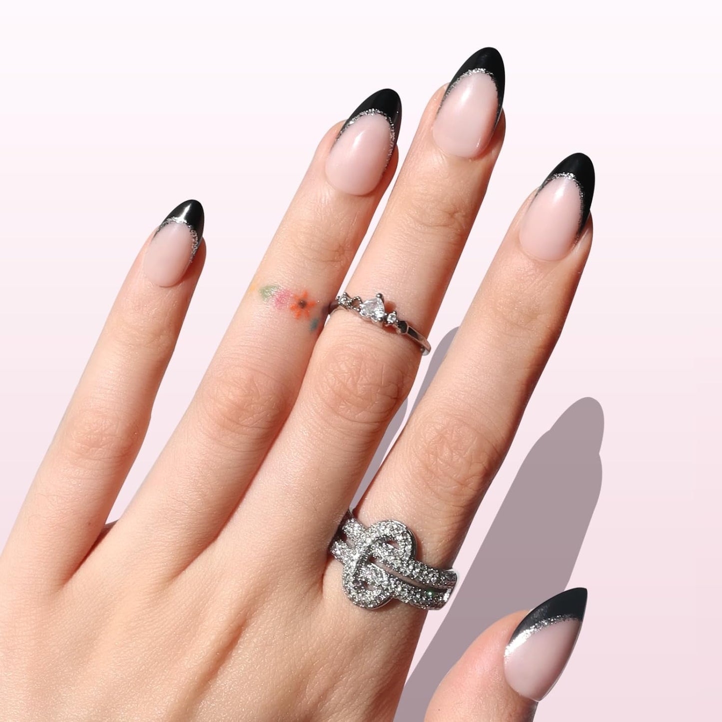 Press On Nails - Black Glitter French Tip Almond Shape | Reusable Glossy Finish in 16 Sizes - 32 Nail Kit for Women