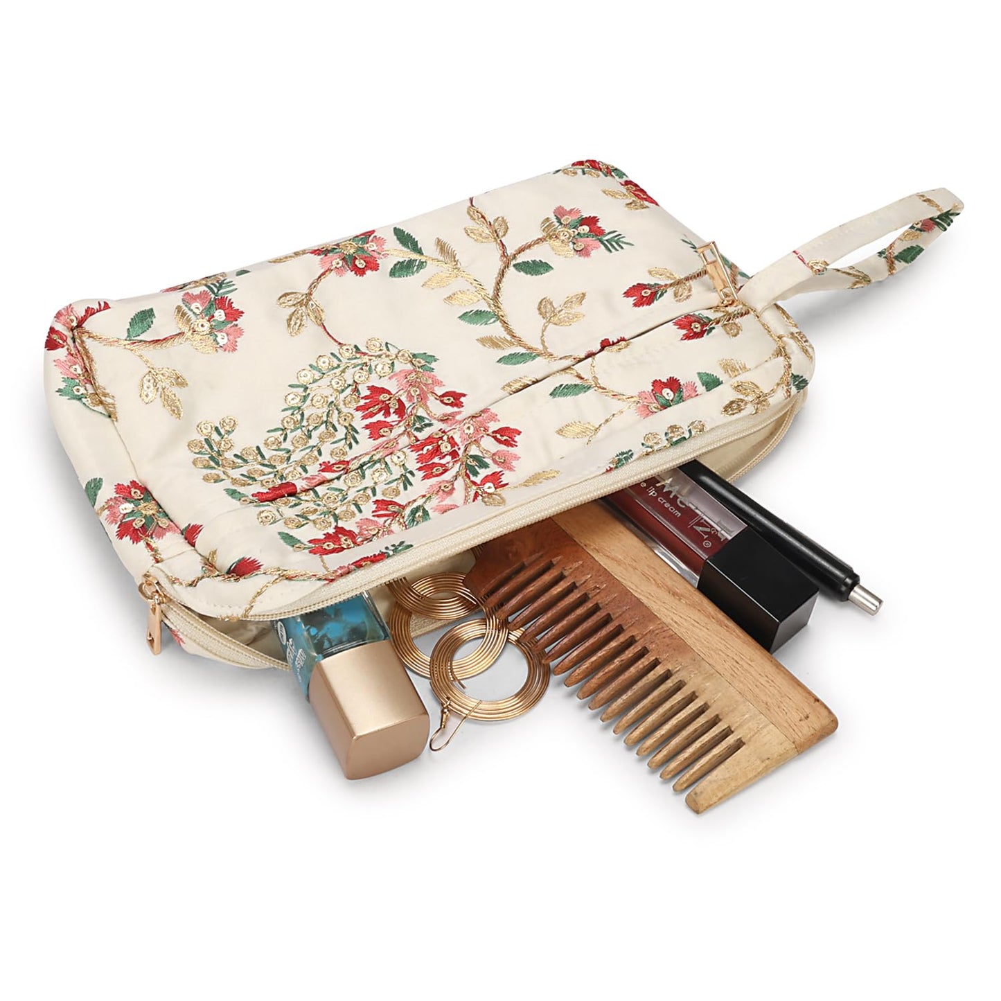 LONGING TO BUY Floral Embroidered Cosmetic Pouch, Make Up Organizer Pouch for Women, Zip Pouch Combo for Multiple Use Wristlet Design (White Multi)