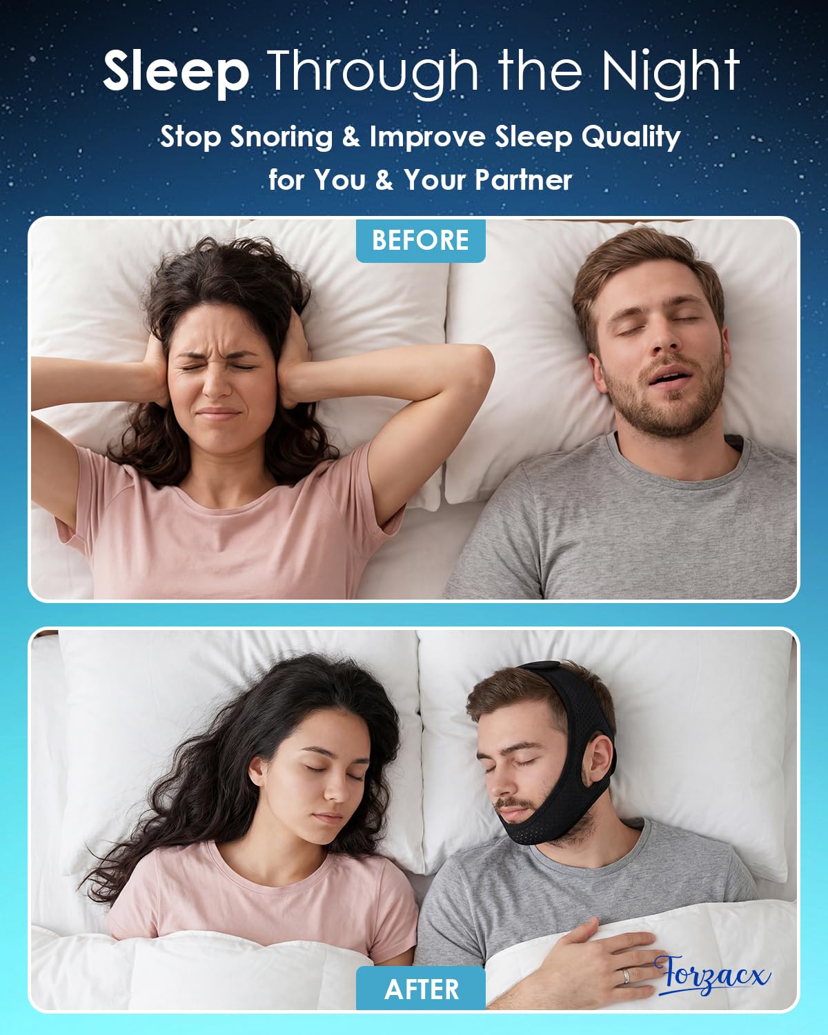 Forzacx Anti Snore Chin Strap - Breathable Chin Strap Snoring Solution, Effectively Reduce Snoring, Non-Stick Hair, Don't Fade - Black
