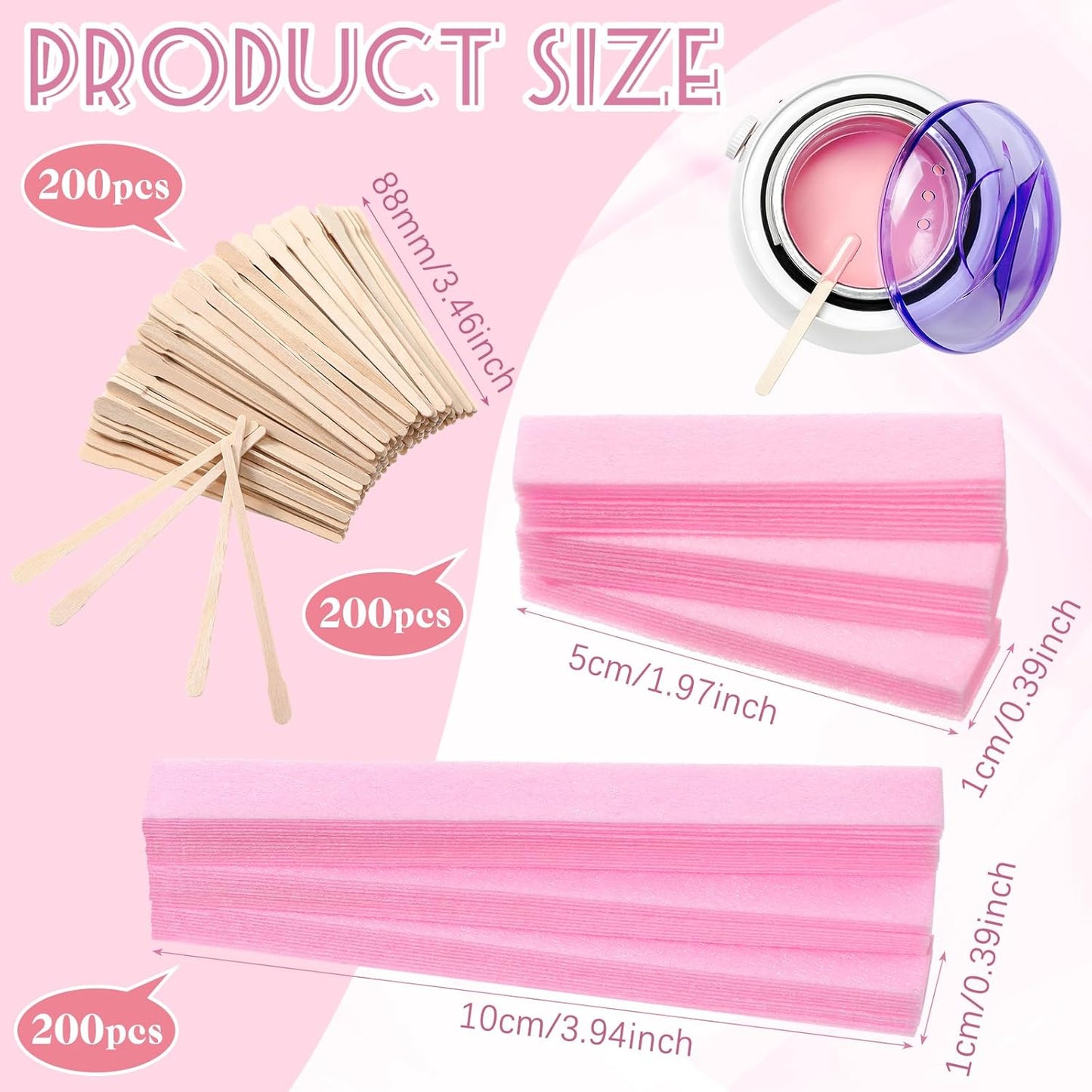 600 Pcs Waxing Kit - 400 Wax Paper Cloth Eyebrow Strips & 200 Wooden Applicator Sticks | Pink Body Hair Removal