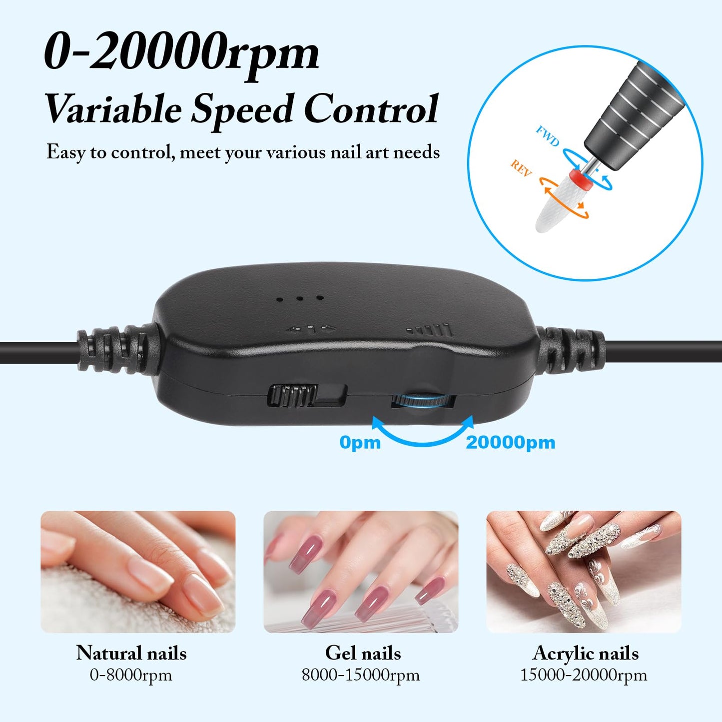 QPVZX Electric Nail Drill for Acrylic and Gel Nails, 20000 RPM Portable E File Machine, Low Vibration Quiet Nail Drill Machine with 11 Bits and Sanding Bands, USB Powered for Manicure Pedicure,Gray