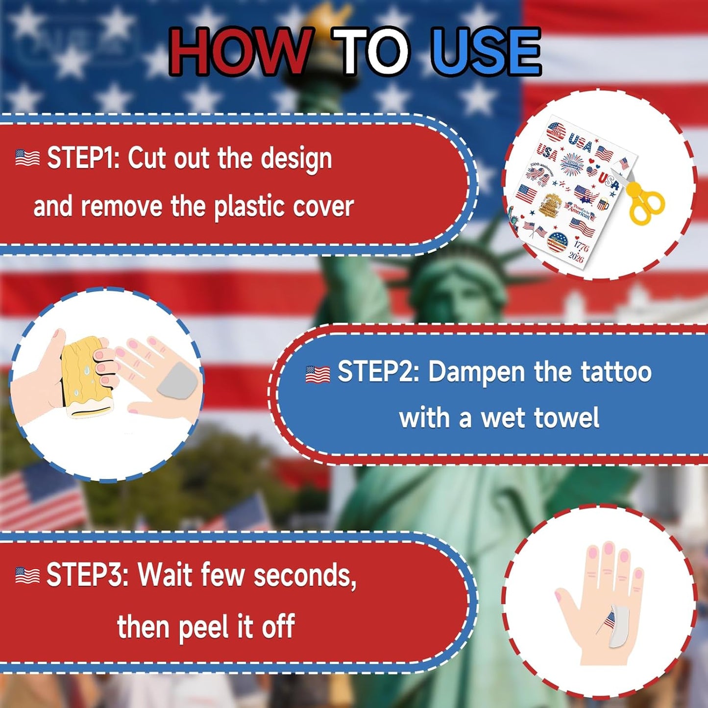 Temporary Tattoos - 250th Anniversary US Flag Designs | 80 Patriotic Stickers for Teens & Adults