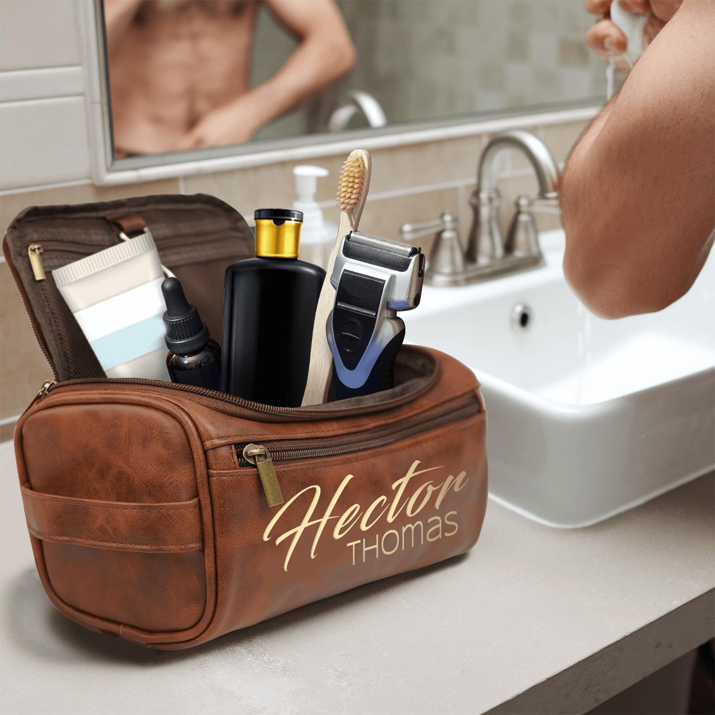 PUREFLY Mens Toiletry Travel Bag Personalized, Custom Leather Toiletries Shaving Bag, Ideas Gifts for Birthday, Anniversary, Groomsmen, Graduation, Christmas, Engraved with Pattern and Text