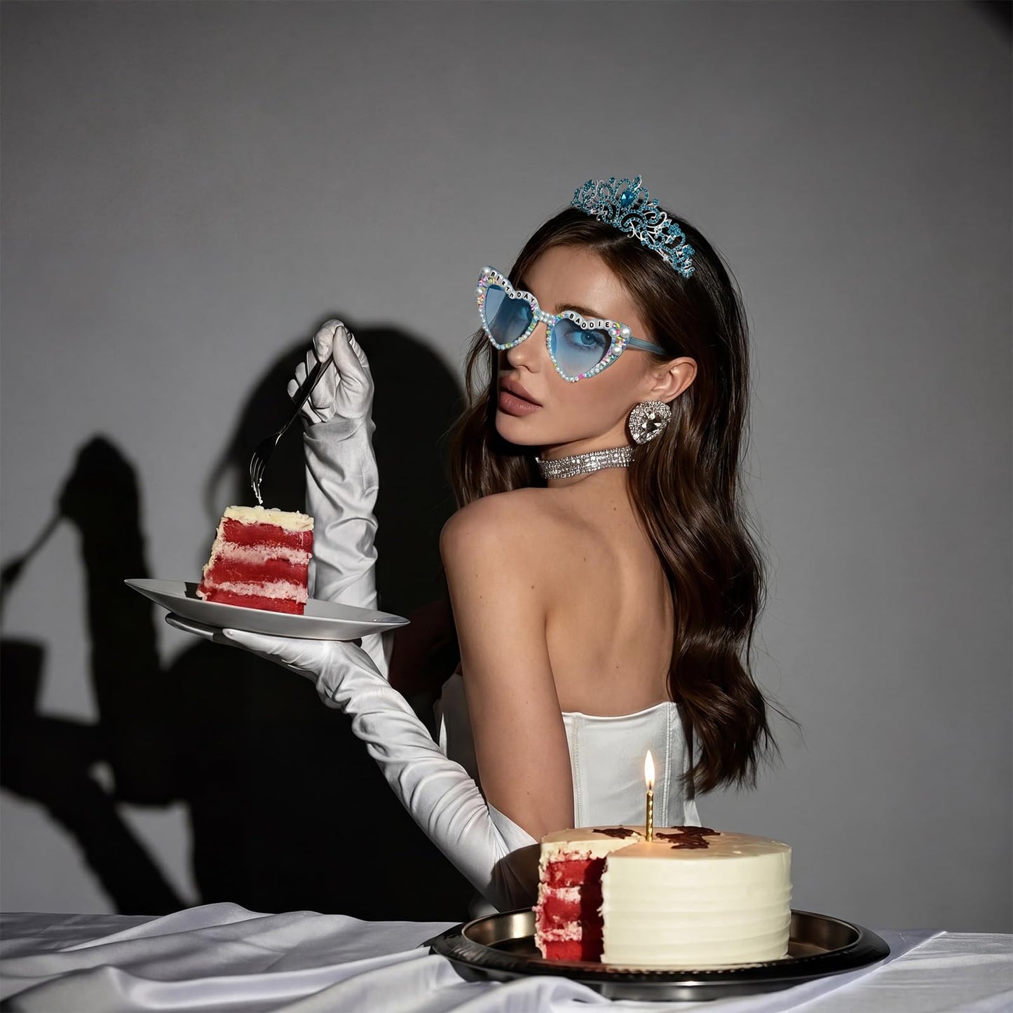 PcwBcn Birthday Baddie Glasses, Blue Birthday Queen Sash Tiara Crown for Women Girls, 3 Pcs Elegant Princess Headband Hair Accessories Happy Birth Party Decorations 21st-90th Mom Birth Gifts