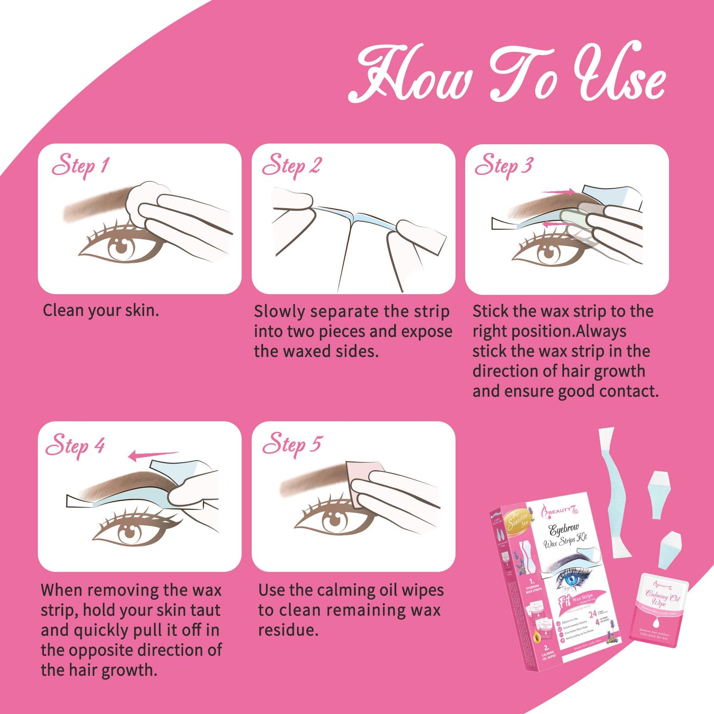 Beauty7 Sensitive Eyebrow Wax Strips, Facial Hair Removal for Women, Eyebrow Waxing Strips, with 24 Strip 4 Calming Oil Wipes, Home Waxing for Sensitive Skin Types