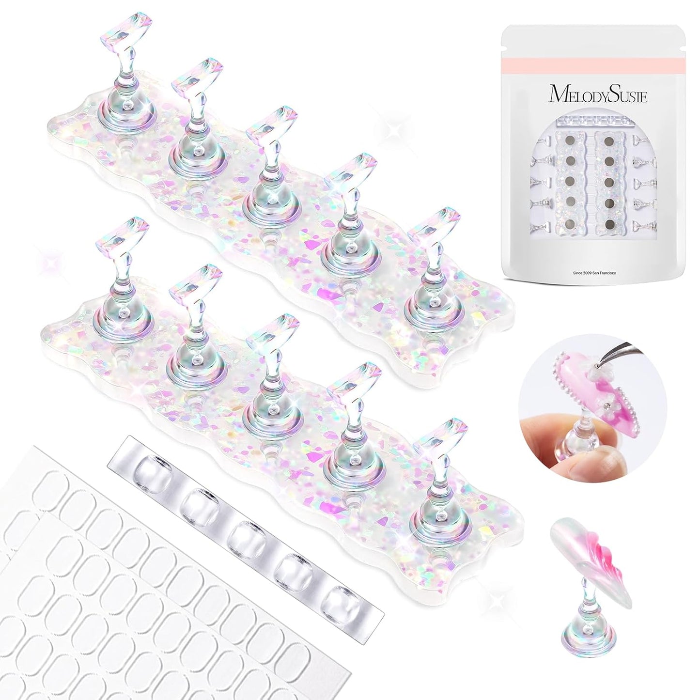 MelodySusie Nail Stand - White Shiny Acrylic Display with Brush Holder & 100 Reusable Double-Sided Tapes | Perfect for DIY Nail Art