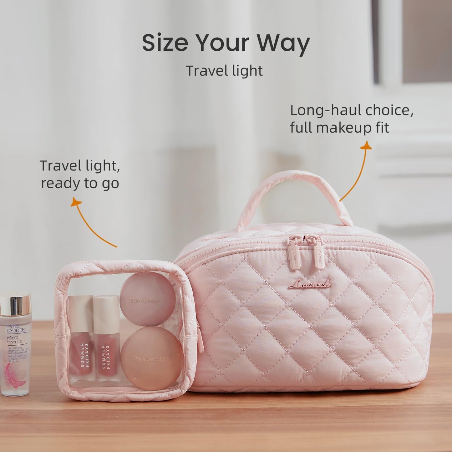 LOVEVOOK Travel Makeup Bag - Waterproof Cosmetic Organizer with Brush Compartment | Large Capacity Pouch in Pink, Medium