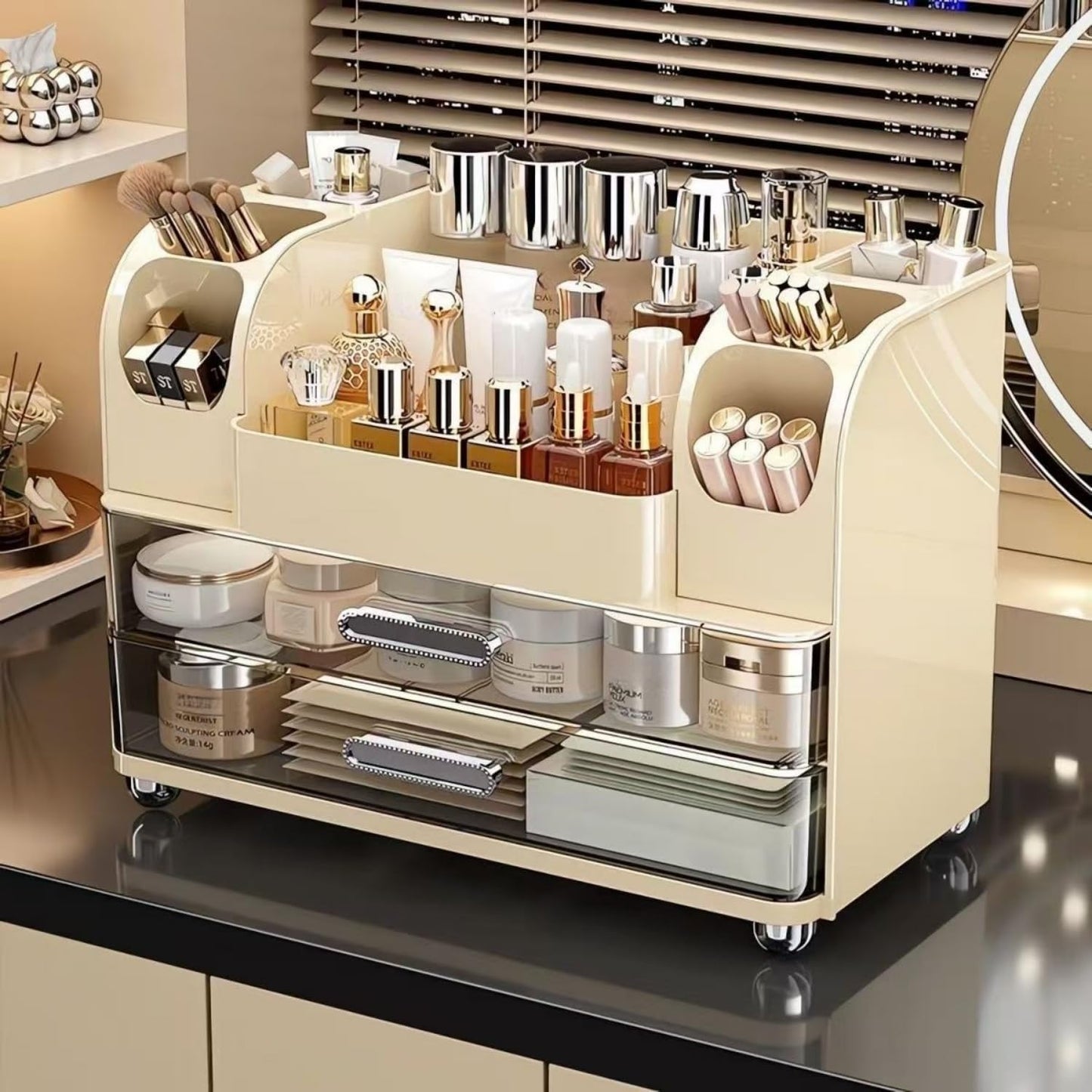 Makeup Organizer with Drawers - Vanity & Bathroom Countertop Storage for Brushes, Skincare, Lipstick | Cream Color