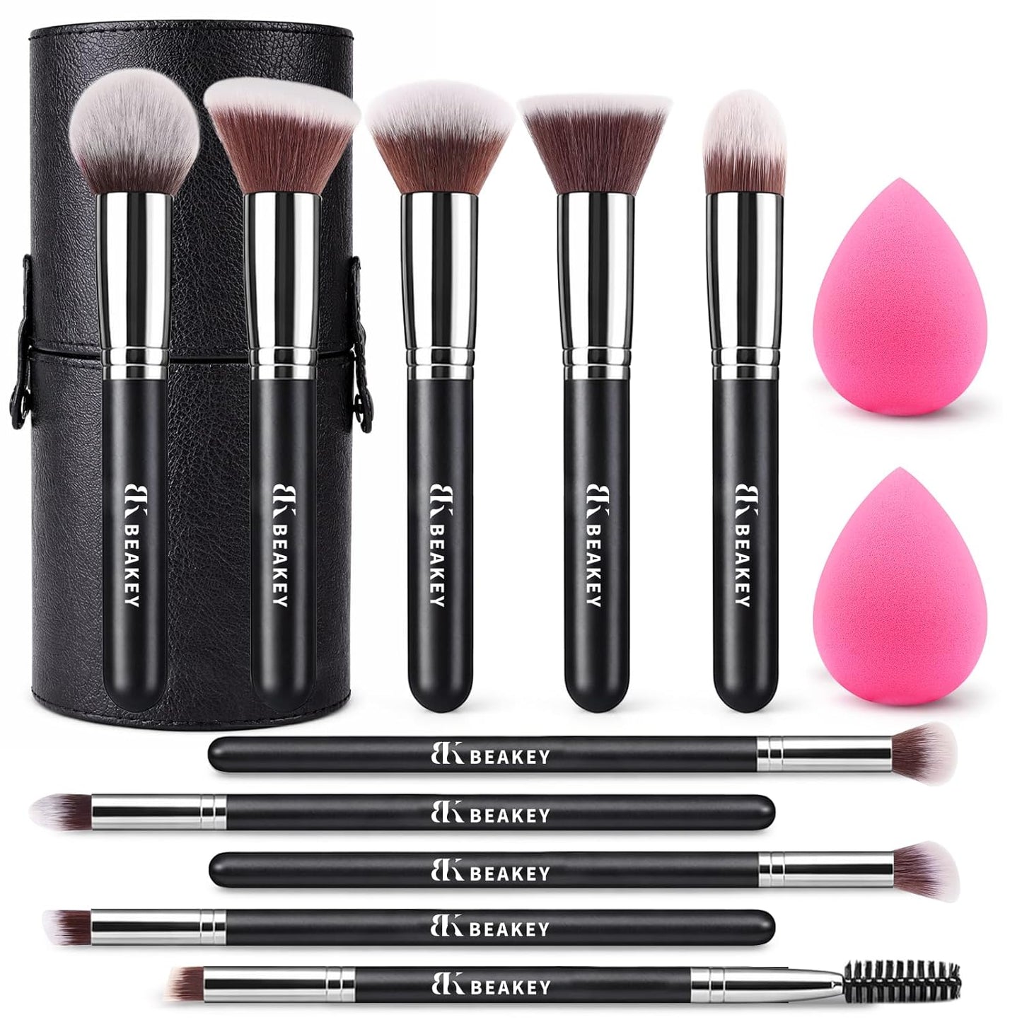 BEAKEY Makeup Brushes Set - Professional Foundation, Eyeshadow & Blush Applicators with 2 Blender Sponges | Beauty Paper Case