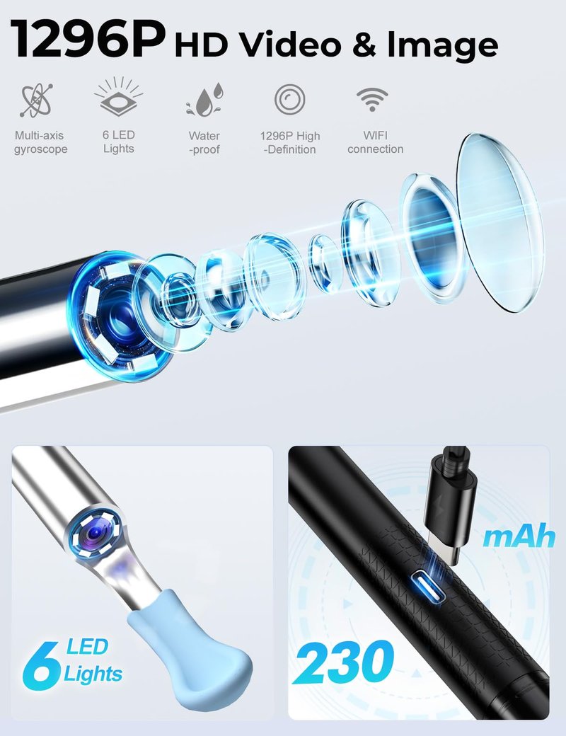 Ear Wax Removal Tool Camera - 2 in 1 Earwax Remover with Nose Hair Trimmer - Wireless Ear Cleaner with 1296P Camera - Earwax Removal Kit with Light - Ear Cleaning kit for iOS & Android, Kids,Adults