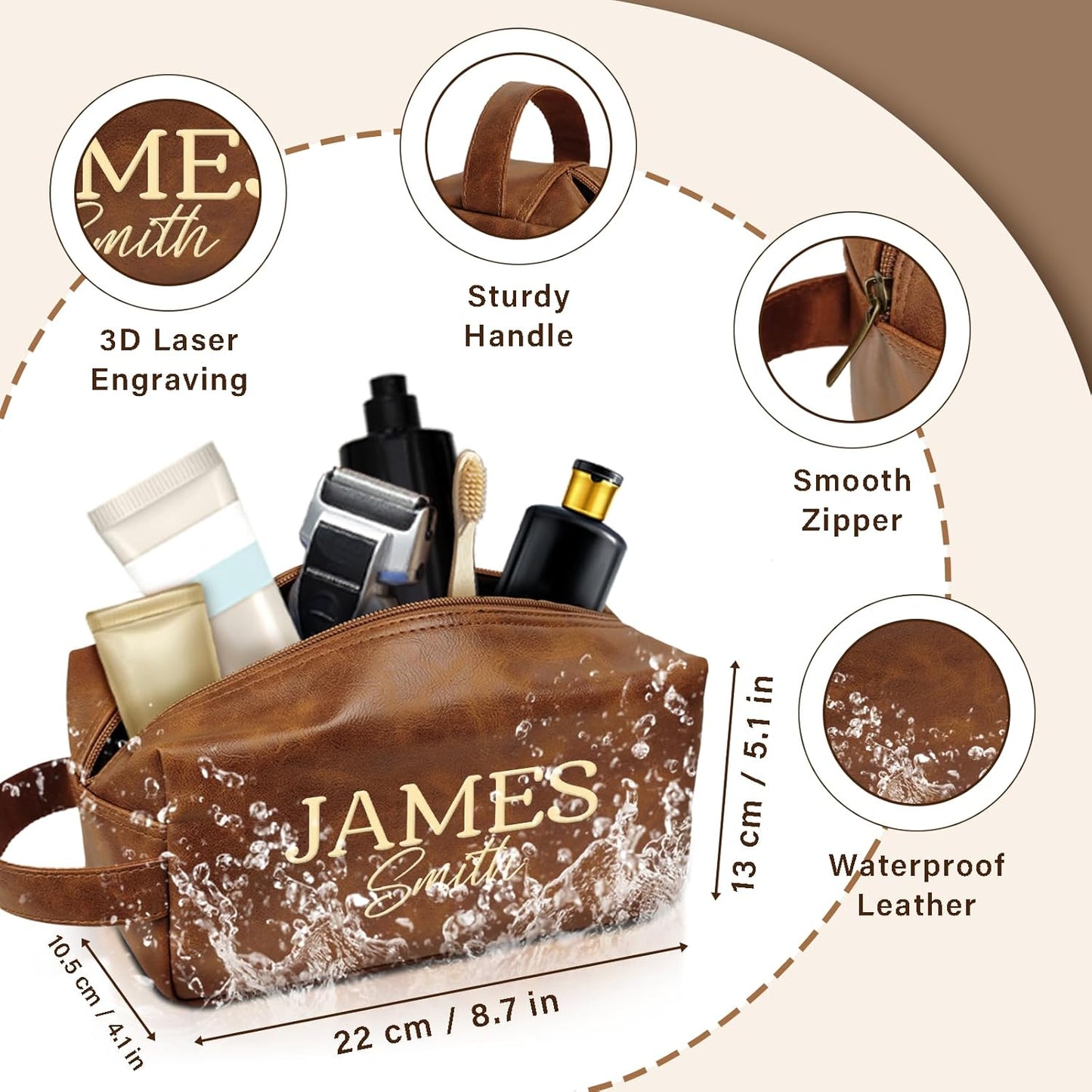 Personalized Toiletry Bag for Men - Custom Leather Travel Shaving Kit | Unique Gift for Him, Husband, Dad