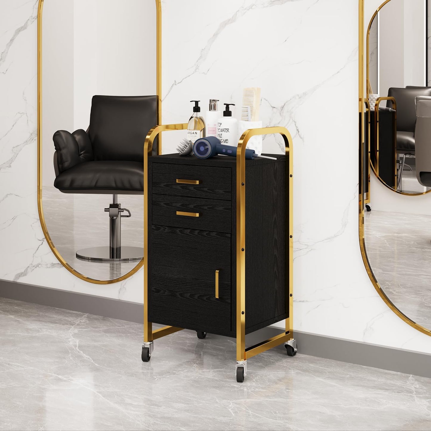 Salon Station for Hair Stylist, Rolling Salon Trolley Cart with Wheels, Beauty Barber Station with 2 Drawer & Cabinet, Mobile Storage Cabinet for Barbershop, Spa&Tattoo, Black and Gold