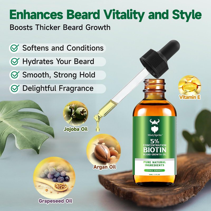 MistySprite Men's Beard Growth Oil - 5% Biotin, Citrus Serenity Scent, 2 oz (Pack of 10) - Softens, Conditions, No Itch & Dandruff, Ideal Gift