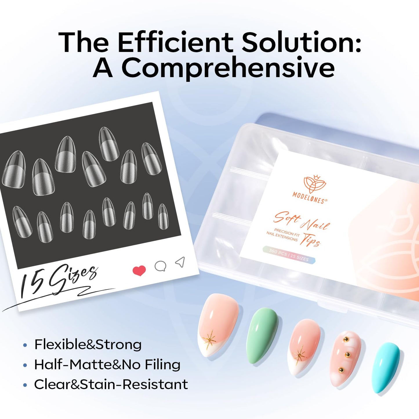 Modelones Medium Almond Nail Tips 360pcs Pre-etched Clear Press On Nails