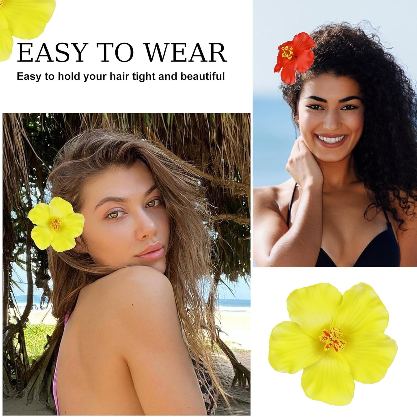 Hawaiian Flower Hair Clips - 4 Pcs Plumeria & Hibiscus Hair Accessories | 3.5 Inch Tropical Clips for Beach Parties & Summer Holidays