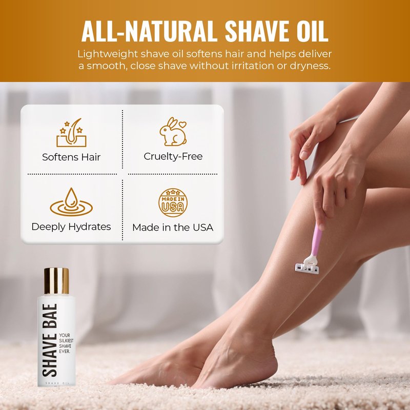 Shave Bae All-Natural Shave Oil – No Razor Burn or Bumps - Get a Silky Smooth Shave - Plant-Based, Nontoxic Shaving Oil Perfect for Bikini Body Beard | Made in USA, 4 Fl Oz