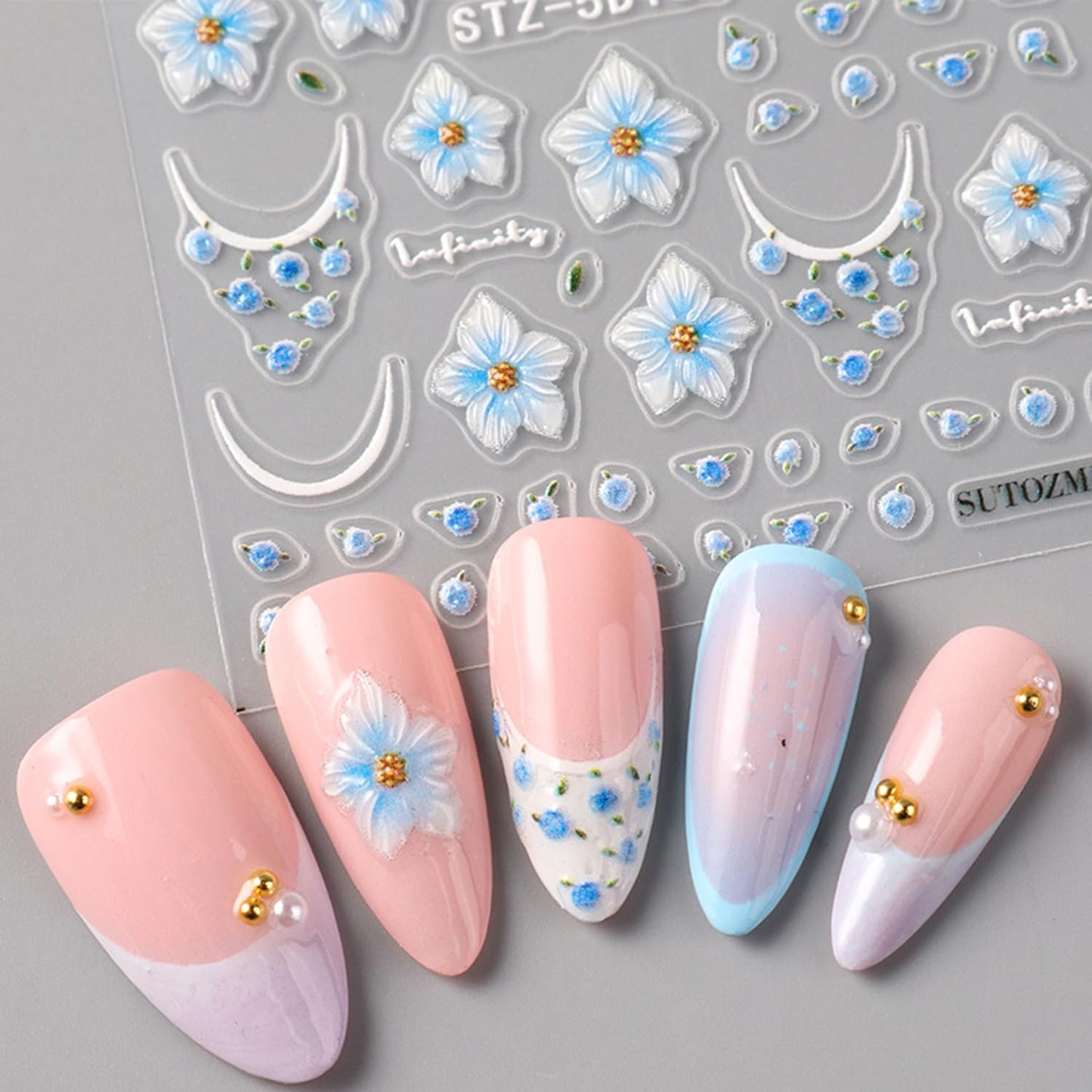 3PCS Spring Blue Flowers Nail Stickers, 5D Embossed Nail Stickers Nail Art Supplies 3D Blue Rose Nail Decals Blue Flower Five-Petal with Frangipani Polka Dot Nail Design French Floral Summer for Women