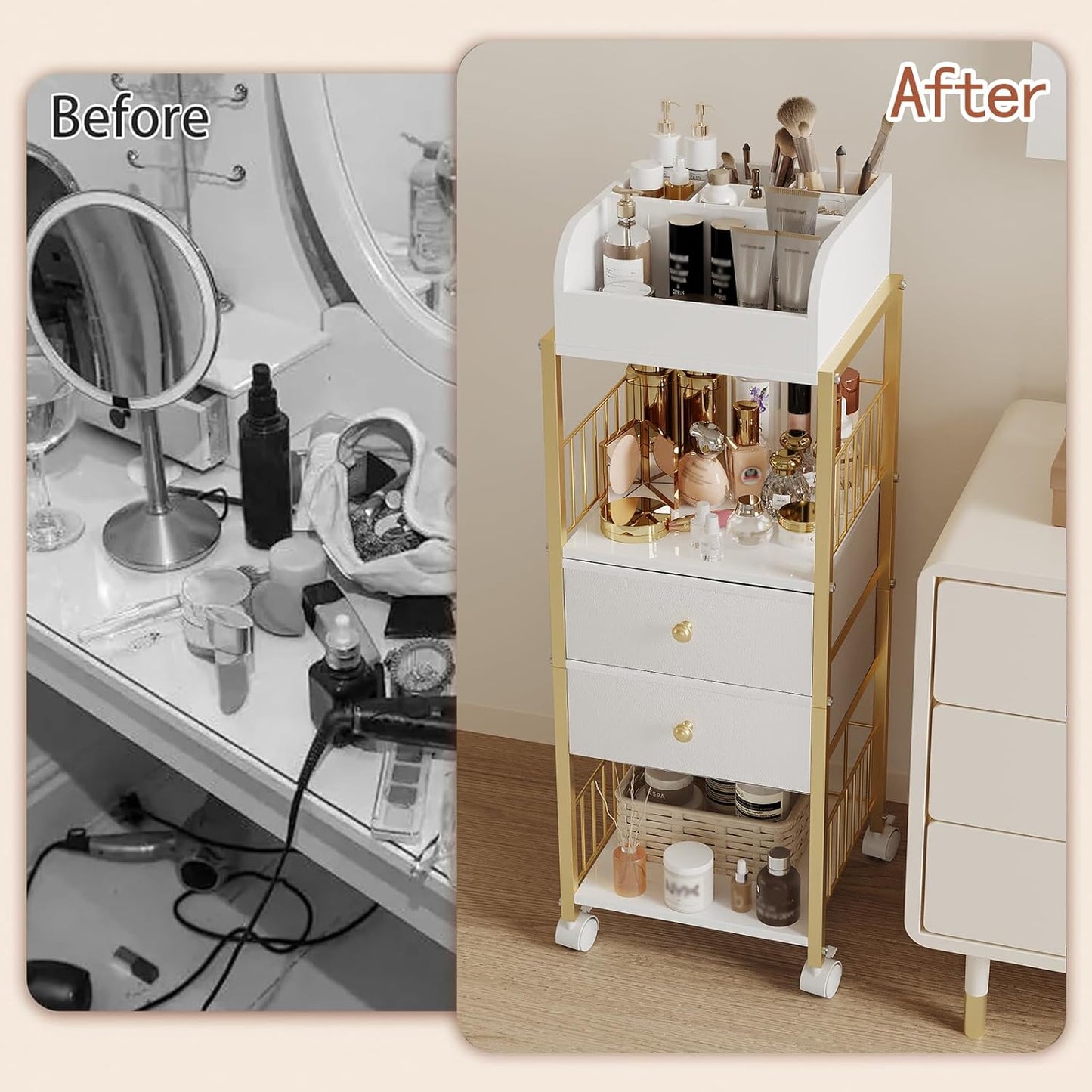 Makeup Organizer Cart - Large Skincare & Makeup Stand with Drawers | Gold Vanity Storage