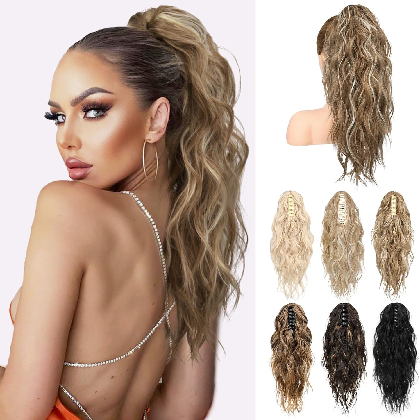 Ponytail Extension - 18" Wavy Claw Clip Hairpiece | Synthetic Curly Ponytail - Black Brown