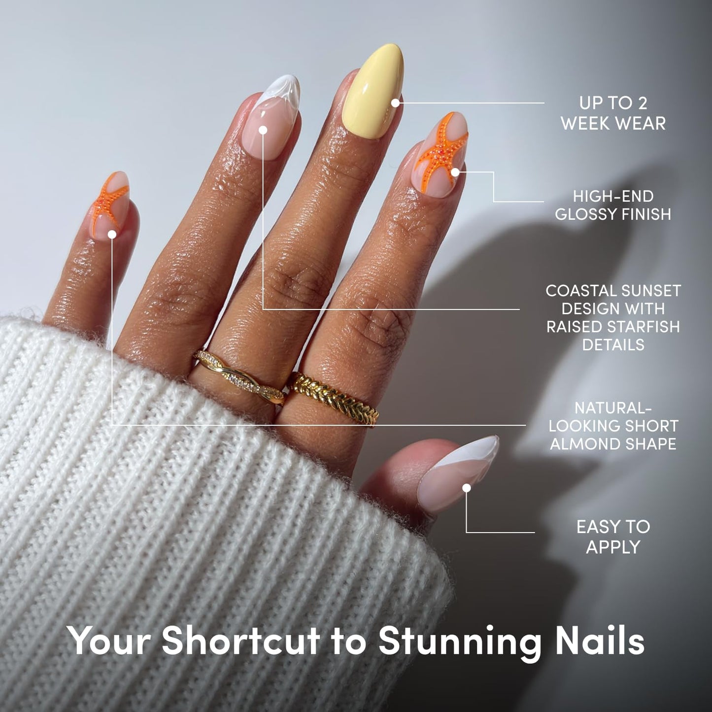 Glamnetic Press On Nails - Tropical 3D Short Almond Fake Nails | Sunset Tide | 15 Sizes, 30 Nail Kit with Glue