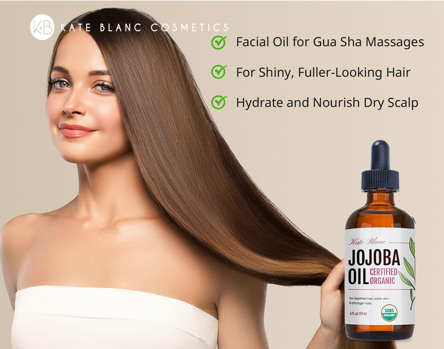 Kate Blanc Cosmetics Organic Jojoba Oil - 100% Pure Cold Pressed Moisturizer for Hair, Skin & Nails | 4oz Glass Bottle