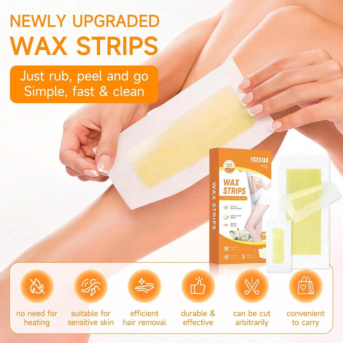 Wax Strips for Hair Removal - 100 PCS Body & Facial Waxing Kit with 5 Soothing Oil Wipes | Gentle for Sensitive Skin