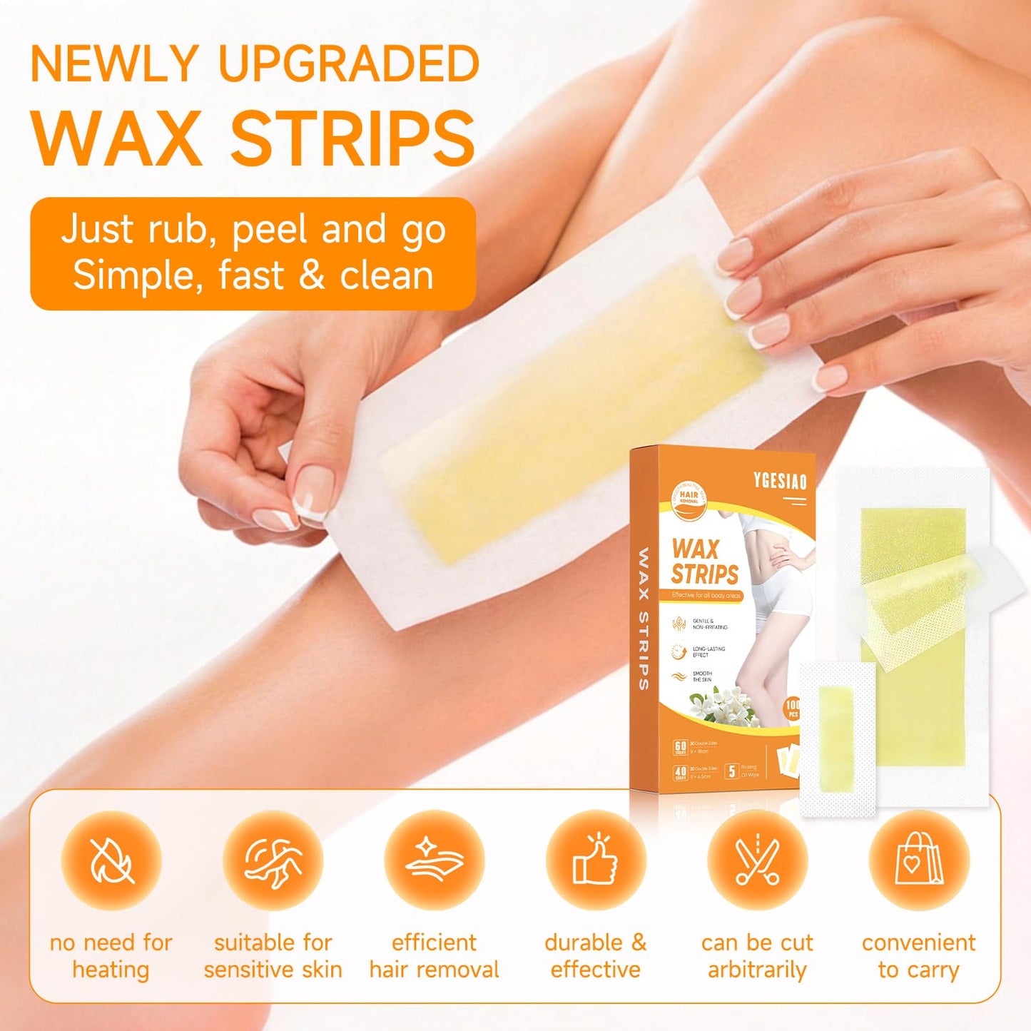 100 PCS Wax Strips for Hair Removal – 60 Body & 40 Facial Waxing Strips for Women, Complete At-Home Waxing Kit with 5 Soothing Oil Wipes, Gentle for Sensitive Skin on Face, Bikini Line, Legs & More