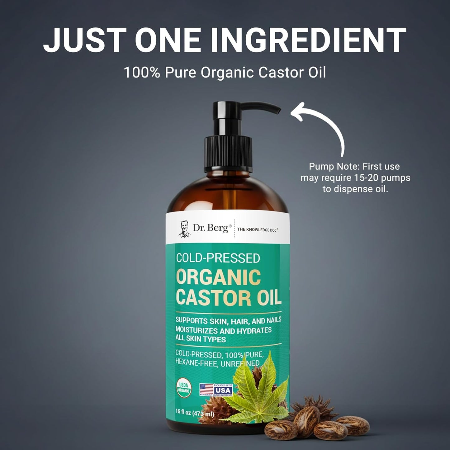 Organic Castor Oil - 16 fl oz Cold-Pressed Pure & Unrefined | USDA Organic, Lab Tested, Glass Bottle
