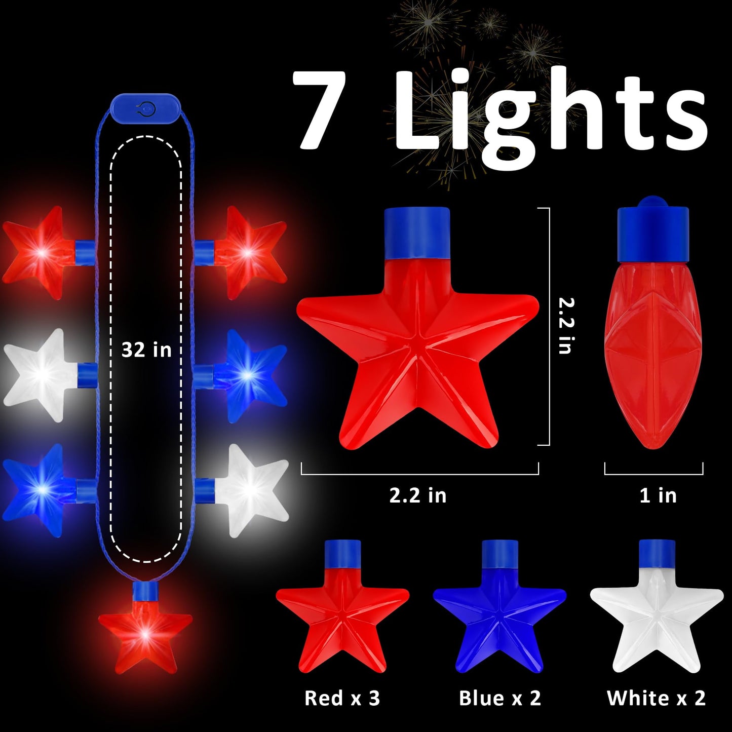 4th of July Necklace Accessories, 1PCS Light up Independence Day Necklaces Party Favor, Red White Blue 250th Anniversary Patriotic Fourth of July 7 Light Necklace, Glow Accessories Memorial Parades