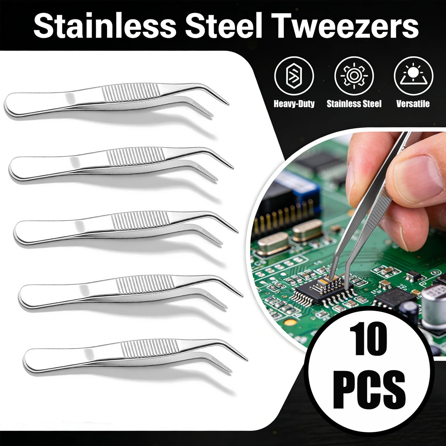 10Pack Stainless Steel Tweezers with Curved Tip Curved Serrated Tip Multipurpose Forcep for Craft, Sewing Machine, DIY Crafts, Jewelry Making, Electronics Repair, Precision Work & Hobby Project
