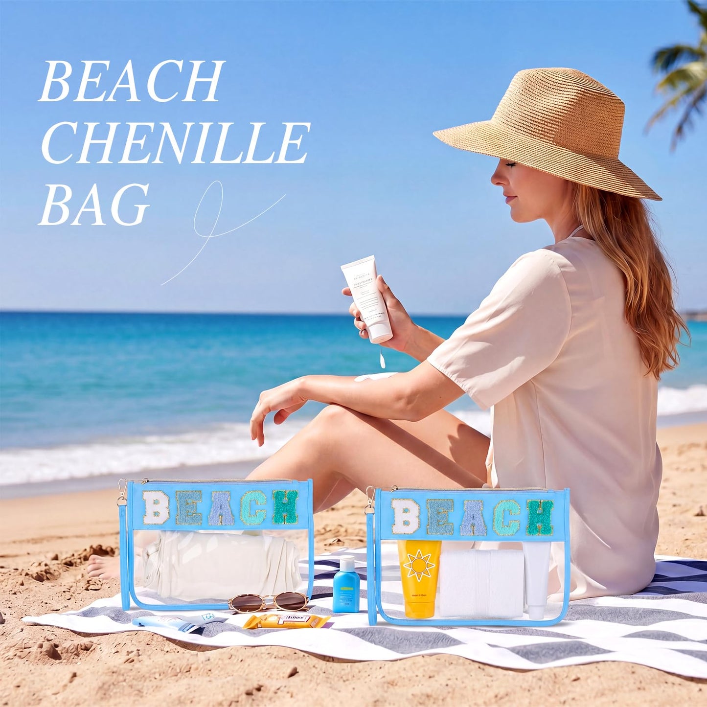 Kacctyen 6 Pcs Beach Bags Chenille Letter Clear Makeup Bag with Zipper Waterproof Cosmetic Toiletry Pouch with Handle Gym Travel Summer Gifts for Women Girls (Blue, Beach)