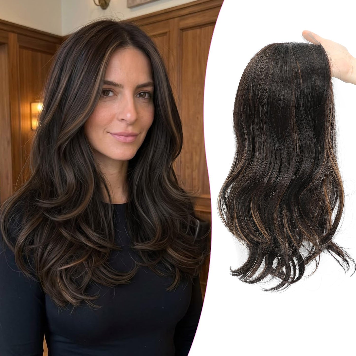 18 Inch Body Wavy Hair Topper for Women - Synthetic Clip-In, Natural Part, Dark Brown Root to Blonde Ombre with Highlights