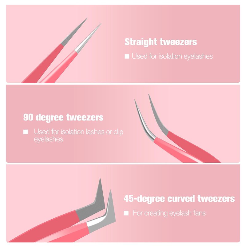 VEYES INC Lash Tweezers for Eyelash Extensions,High Precision Tweezers Kit Contains Isolation,Curved and Volume Lash Tweezers (3pcs) Pink