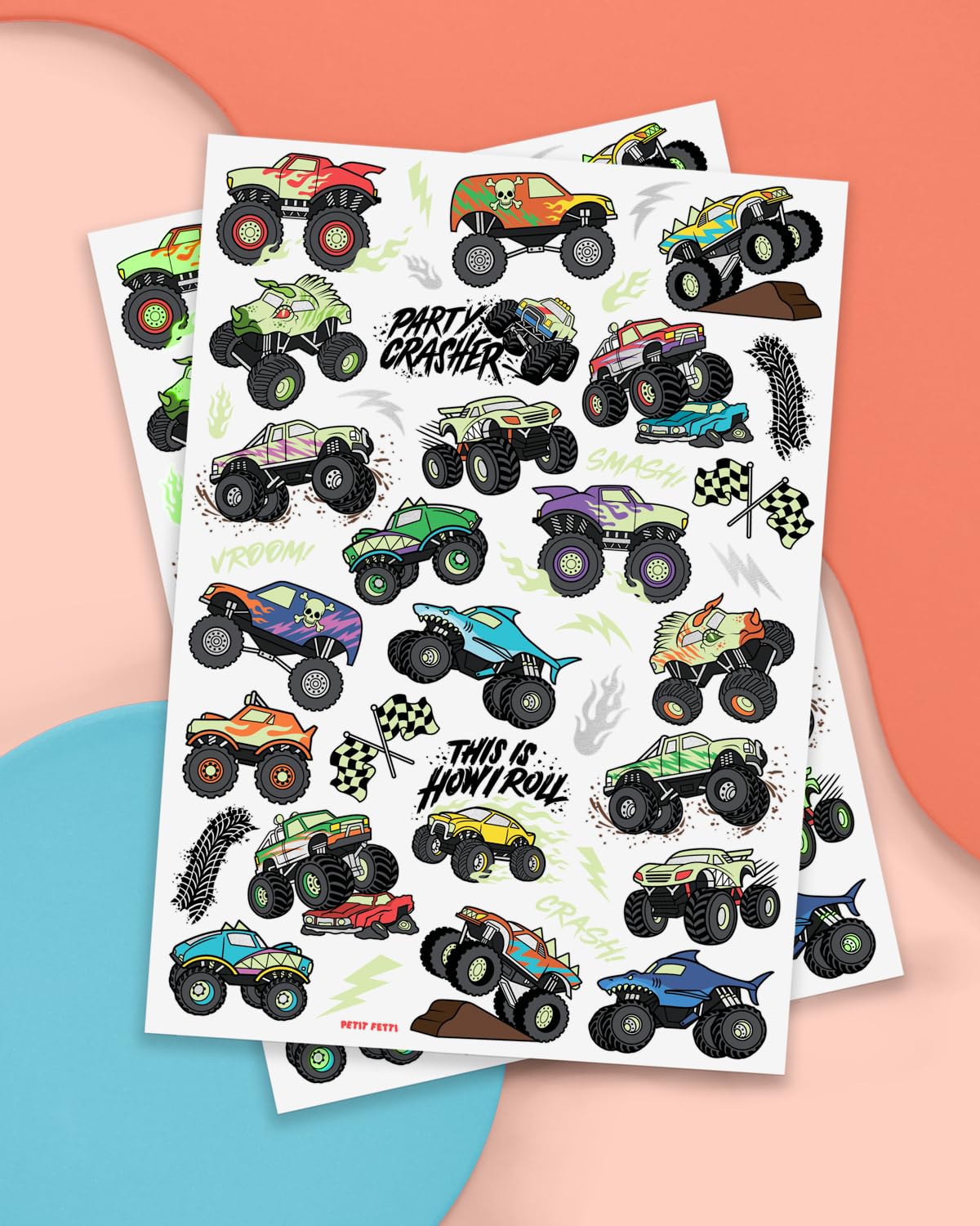 Glow In The Dark Monster Truck Temporary Tattoos - 50 Unique Foil Designs | Perfect for Boys' Birthday Parties, Race Car Favors, Kids Crafts
