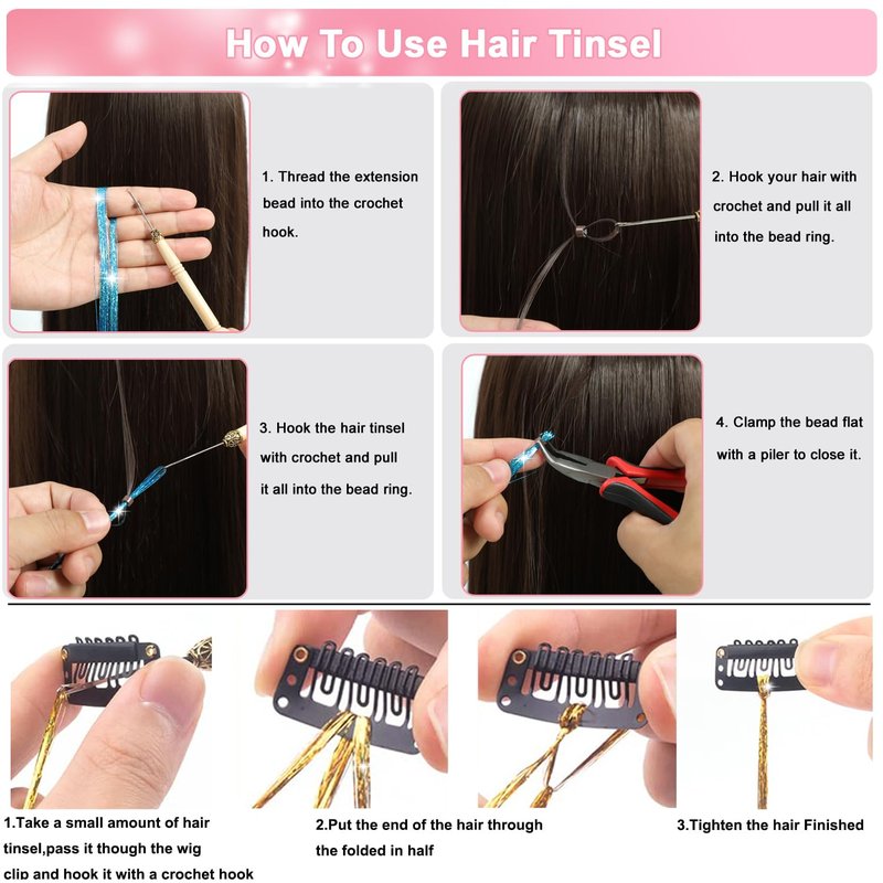 Hair Tinsel Kit - 48 Inch 8000 Strands Heat Resistant Glitter Extensions | 20 Color Options for Sparkling Hair Effects