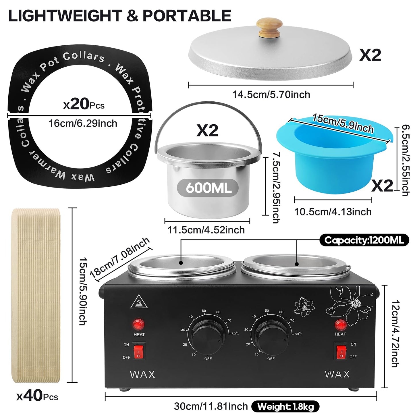 Adoture 600ML Wax Warmer Machine for Hair Removal - Professional Electric Wax Heater with Adjustable Temperature, Silicone Bowl, and 20 Wooden Wax Sticks for Women and Men