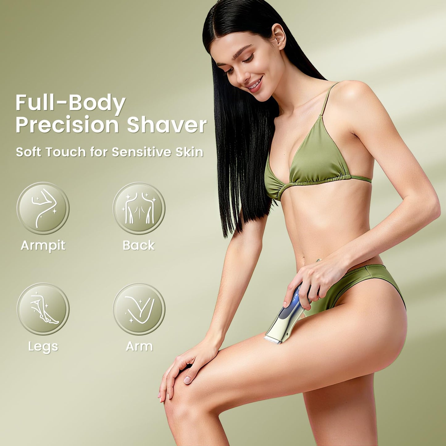 Bikini Trimmer for Women, 2-in-1 Electric Razor with Dual Heads, Ceramic Blade, Waterproof & Rechargeable, Painless Pubic Hair Shaver for Bikini, Underarm, Legs, Face | Gift for Her - OliveGreen