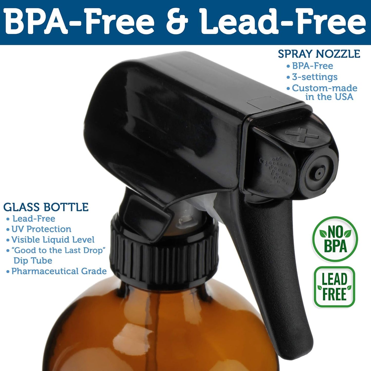 Amber Glass Spray Bottles - 16oz Refillable 2-Pack for Essential Oils, Cleaning, Hair | Durable Fine Mist Nozzle
