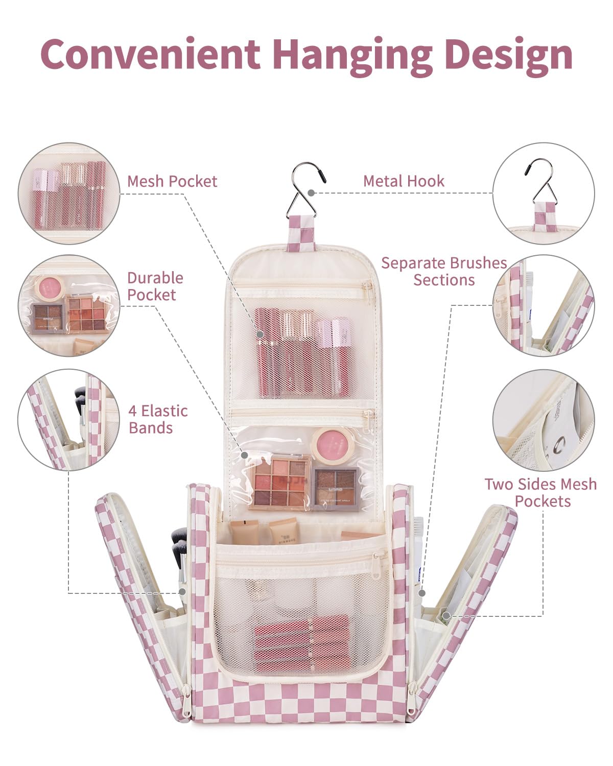 Narwey Large Hanging Toiletry Bag for Women Travel Makeup Bag Organizer Toiletries Bag Dry Wet Separation for Cosmetics Essentials Accessories (Dusty Pink Checkerboard)