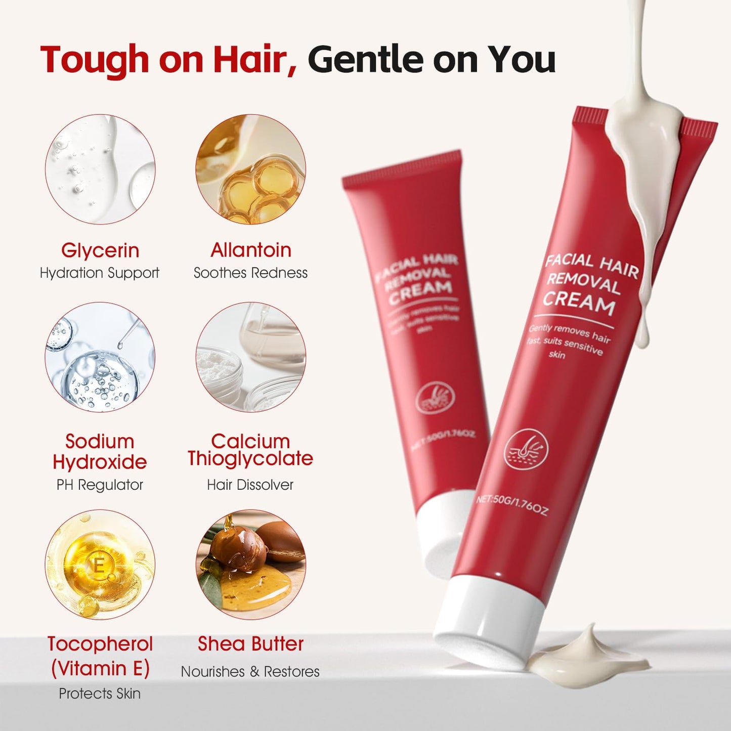 Facial Hair Removal Cream for Women, Gentle & Painless 2-in-1 Face Hair Removal Creams with Soothing Cream for Sensitive Skin, Depilatory Creams for Face Upper Lip Chin, For Smooth Skin 2.03 Fl Oz