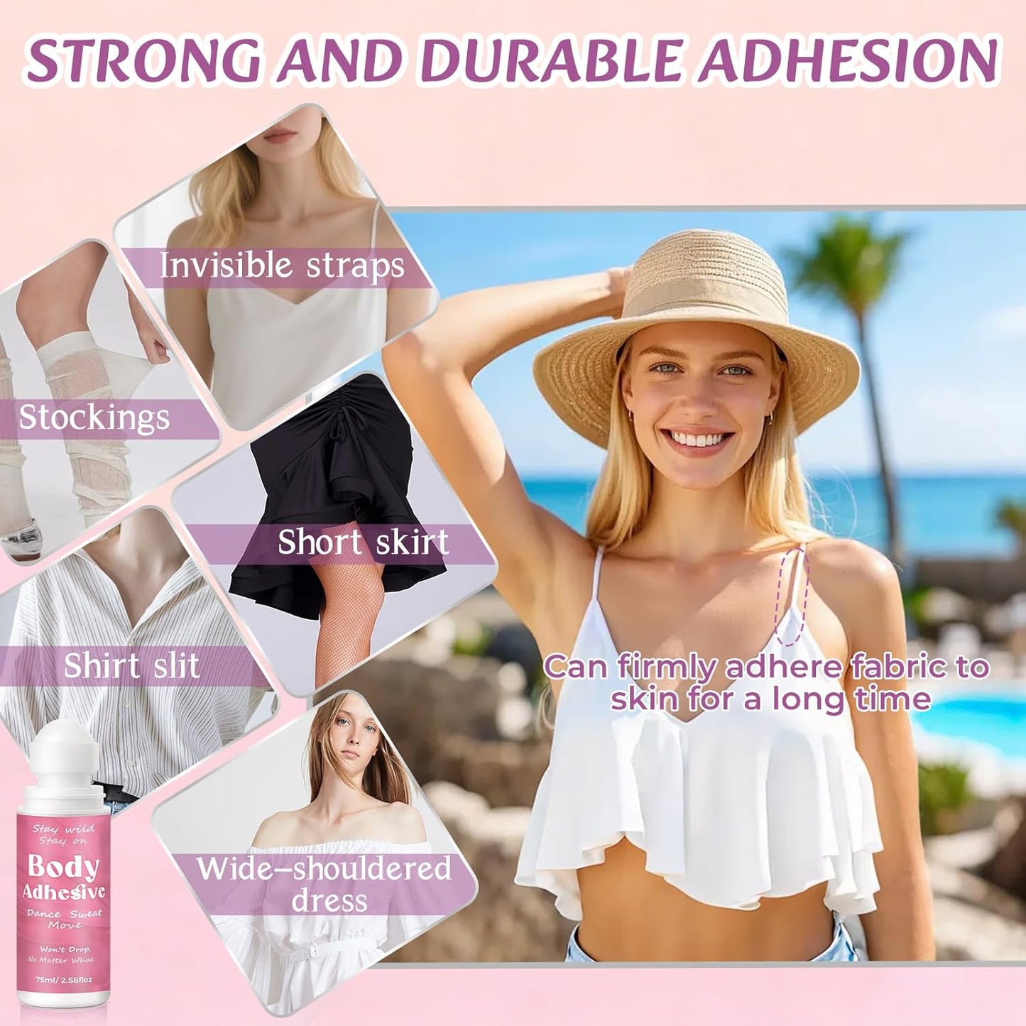 Body Adhesive Glue for Clothing & Skin - Sweat Resistant, Washable 2.58 Oz Roll-On | Fabric-Safe for Dancers, Leotards, Costumes